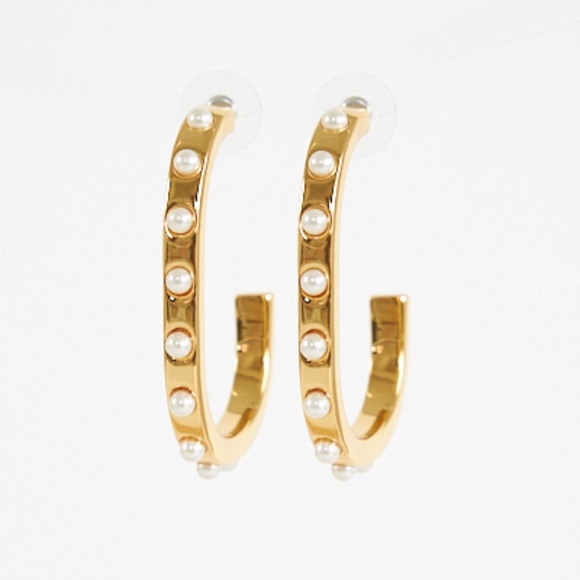 Lele Sadoughi Imitation Pearl Track Bangle Bracelet and Pearl Track Hoop Earring - Picture 4 of 8